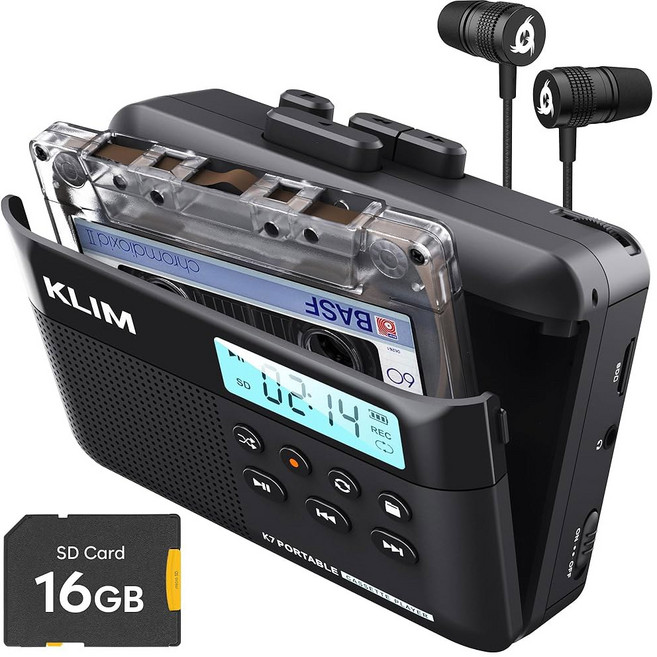 F1 이어폰이 장착된 KLIM K7 카세트 테이프 플레이어 - 카세트에서 MP3로 변환기 휴대용 내장 마이크 및 스피커 충전식 배터리 이어폰 16GB SD 카드 블랙