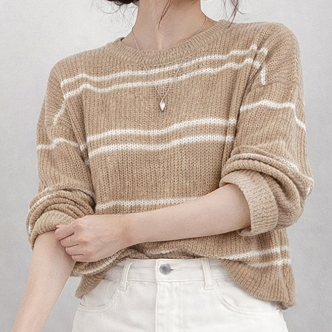 바이누아 루즈핏 썸머 배색 긴팔니트