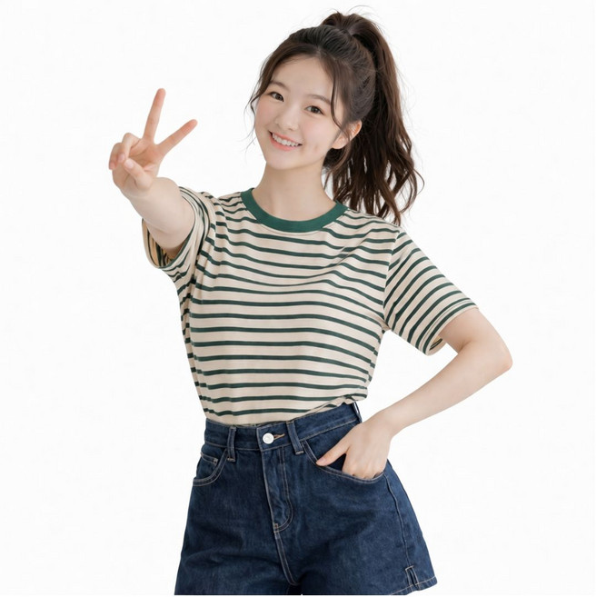 MS HOME 여성 스트라이프 라운드 티셔츠 반팔