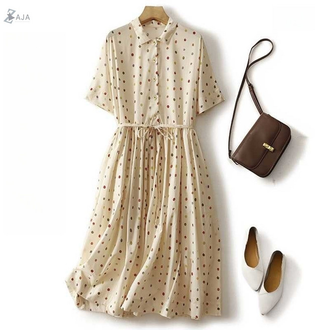 ZAJA 여성 여름 반팔 도트 원피스 루즈핏 체형커버 A라인 데일리 출근룩
