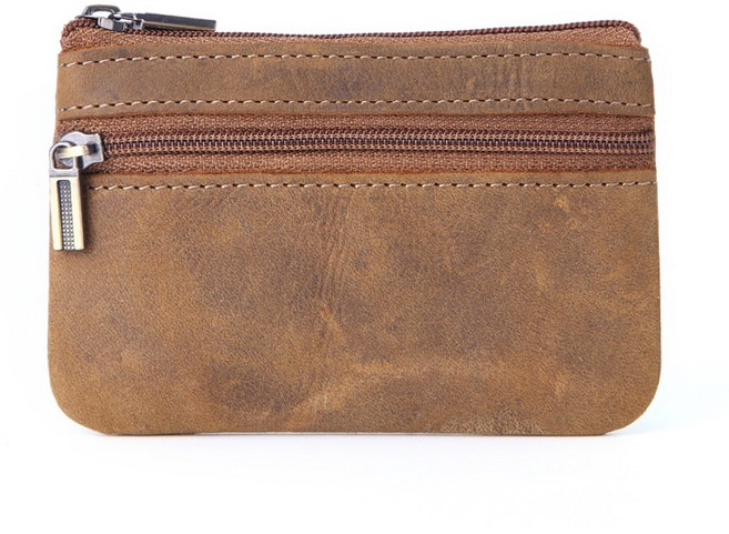 真皮鑰匙包 零錢鑰匙包 鑰匙圈零錢包, 淺棕色, 1個