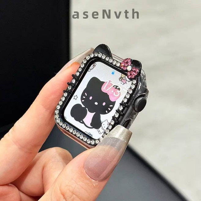 야옹이 애플워치케이스 러블리 키티 스트랩 하드케이스 워치케이스 액정보호 전기종, E.블랙KT, iwatch S10 42mm