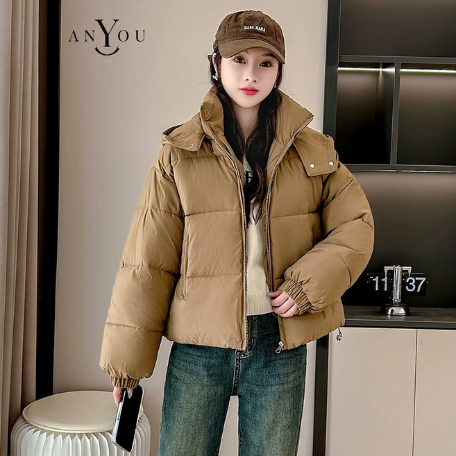 ANYOU 겨울 여성 숏패딩 여자 베이직 루즈한 숏 패딩 자켓 후드 코트