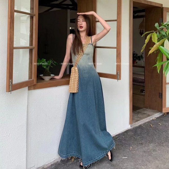 프렌치 여자 끈나시 원피스 빈티지 그라데이션 데님 원피스 빅사이즈 여성 휴양지 롱원피스 YJW