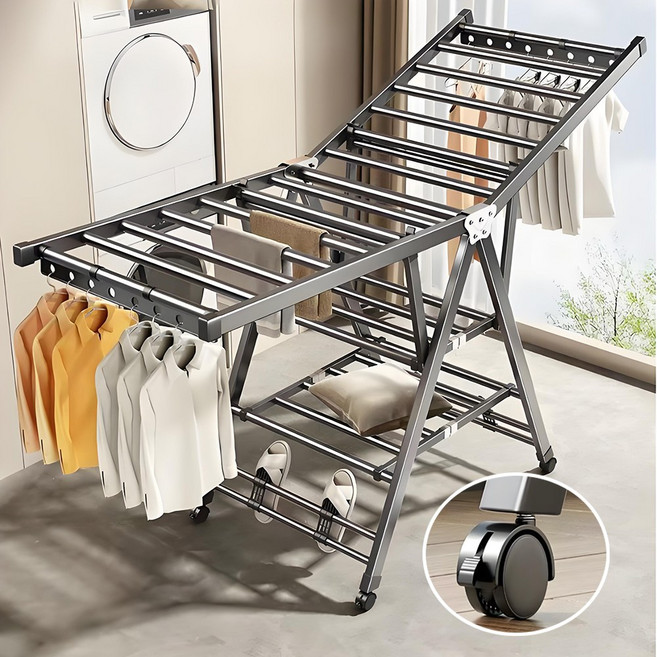정싱 튼튼한 스틸 빨래건조대 접이식 빨래 건조대 도르래 탈부착, 블랙