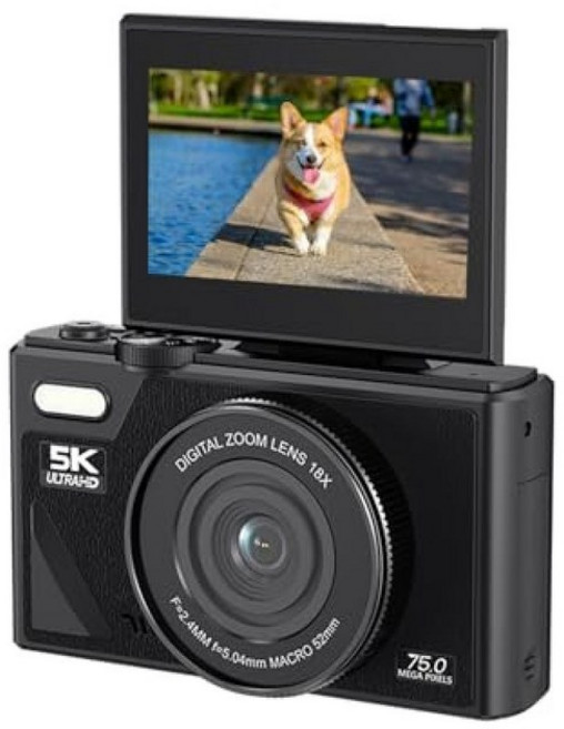 미국출고 평점4.5+ 180482 5K 디지털 카메라 75MP 유튜버/브이로그/동영상 18X 줌 7.6cm(3인치) 플립 스크린 HD 컴팩트 여행 사진용(블랙), 블랙