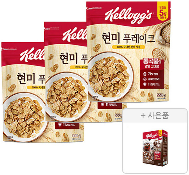 켈로그 현미후레이크 550g 3개 + 증정(첵스초코 쿠키앤크림 120g 1개), 켈로그 현미후레이크 550g, 3개 + 증정(첵스초코