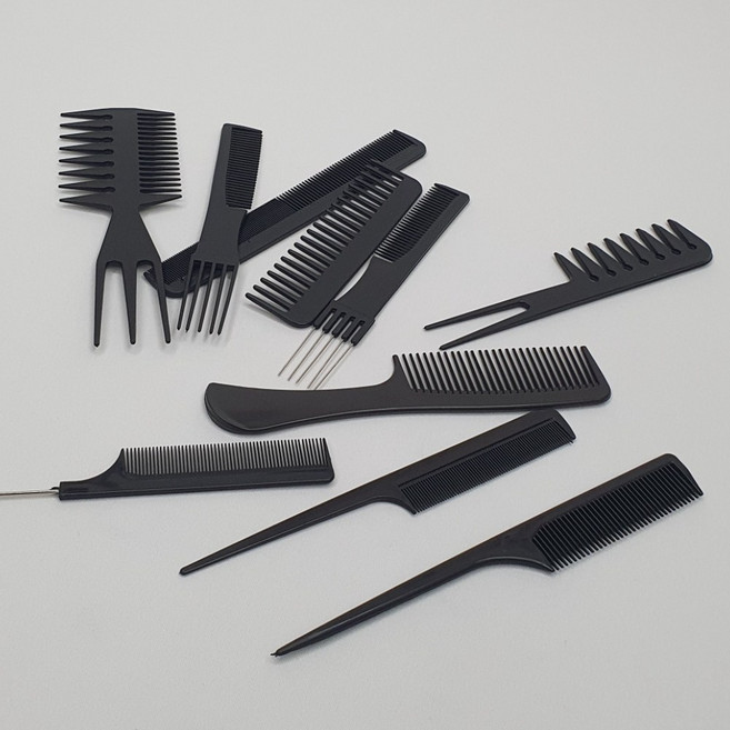 MARKET.MR_ 바버샵 포마드 가르마 빗 콤보 10종 세트 포마드빗 꼬리빗 도끼빗 염색빗 바버샵빗, 블랙, 1세트