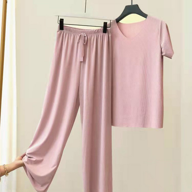 탑트레일 브이넥 솔리드 와이드 투피스 홈웨어 잠옷 가벼운 여름잠옷