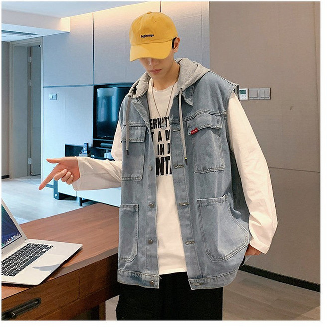 WEIHAN 청녀남성용 봄가을 빅사이즈 아우터나시 후드식 빅포켓 패션 청자켓 일상조끼 클래식 데님핏