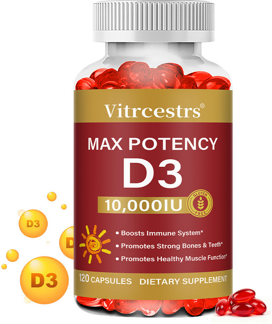 비타민 D3 10000 IU 소프트캡슐 - 근육 면역 뼈와 치아건강 고농도 non-GMO 글루텐 프리, 3개, 120정