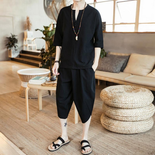 Ashysnow 면마 세트 남자 여름 얇은 브이넥 시원한 면마 반팔 상의 면마바지 투피스