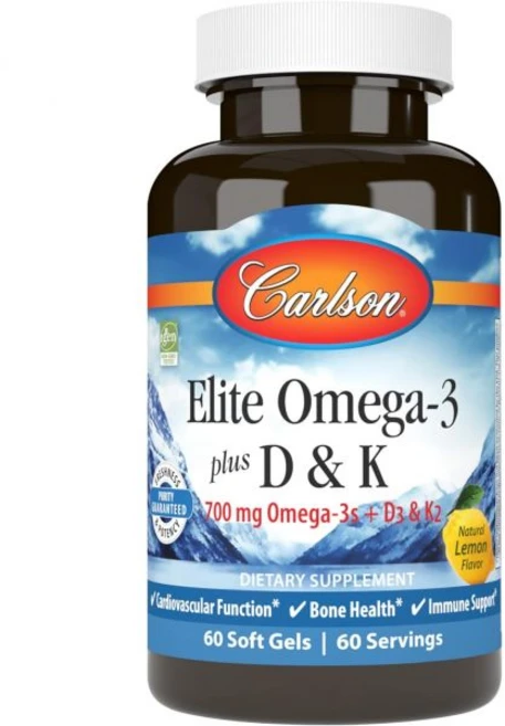 Carlson - Elite Omega-3 Plus D & K 700 mg Omega-3s + D3 & K2 Function Bone Health & Support Le, 60 Count (Pack of 1), 1개, 60정 - 쿠팡