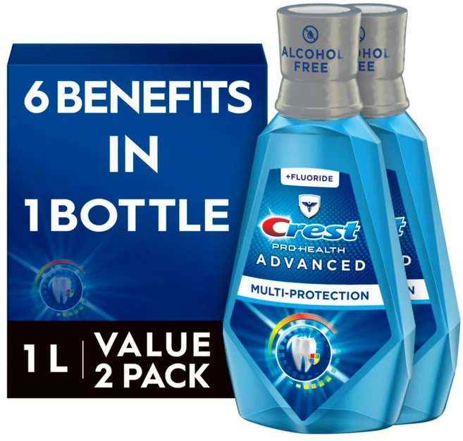 크레스트 프로 헬스 어드밴스드 구강청결제 알코올 프리 멀티 프로텍션 프레시 민트 1리터(33.8온스) 2팩 블루, 2개, 1L - 쿠팡