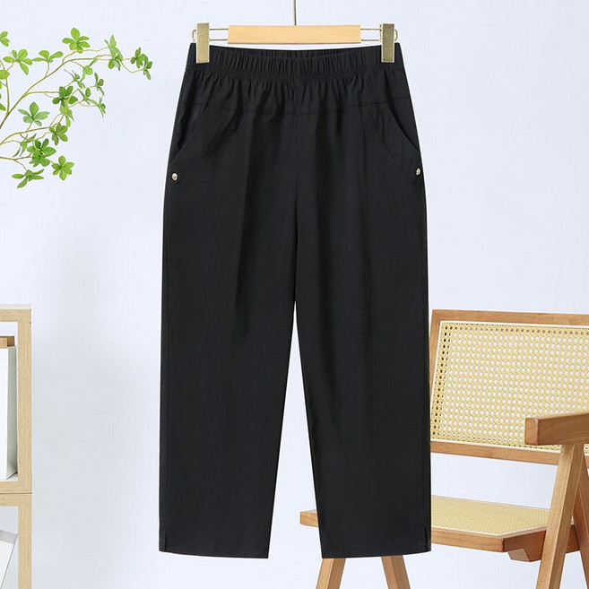 메인워크 중년 여성 빅사이즈 7부 바지 여름용 냉장고 엄마룩 면 마 일자핏 데일리 하이웨스트 캐주얼 쿨링 스판 와이드 팬츠
