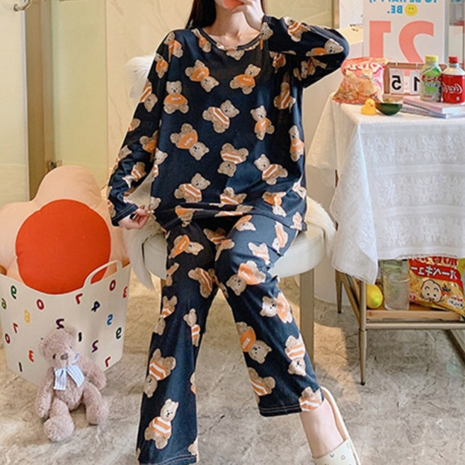 아르바니 보웬 여성 긴팔 잠옷세트 원피스 실크 잠옷 라운지웨어 빅사이즈 공주 여름 인견 가족 모달