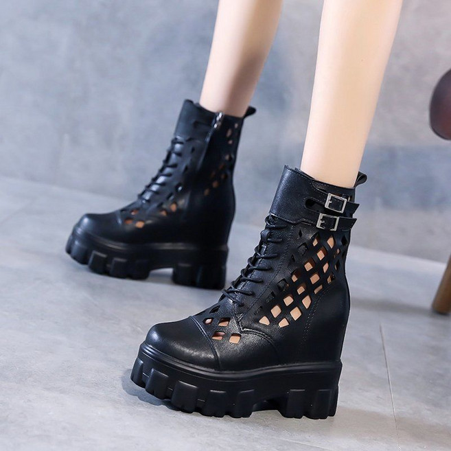 여자 여름과 가을 부츠 새로운 두꺼운 밑창 인테리어 높이 증가 올 매치 웨지 힐 중간 10CM 하이힐 부츠 GIEAJ08J