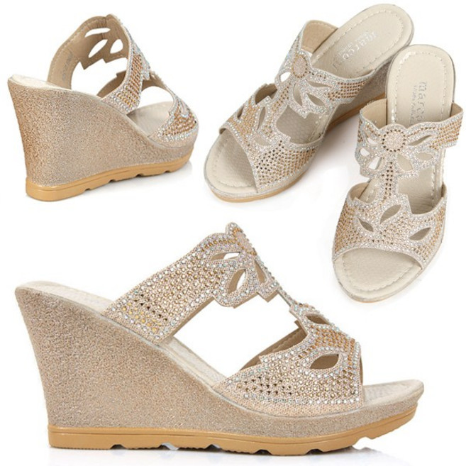 마이슈 여성 반짝이 스트랩 웨지 샌들 7cm 높은굽 통굽 여름 슬리퍼