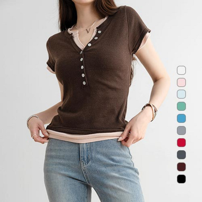 [나크21] 슬림 브이넥 레이어드룩 반팔니트 여성 봄 여름 니트 DM62-T-03