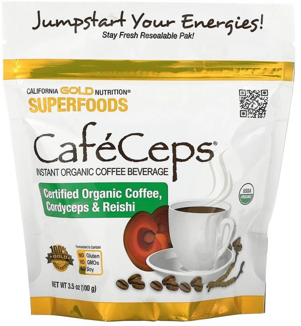 캘리포니아 골드 CafeCeps 유기농 인스턴트 커피 동충하초 및 영지버섯 분말함유 100g(3.5oz), 1개, 100g - 쿠팡