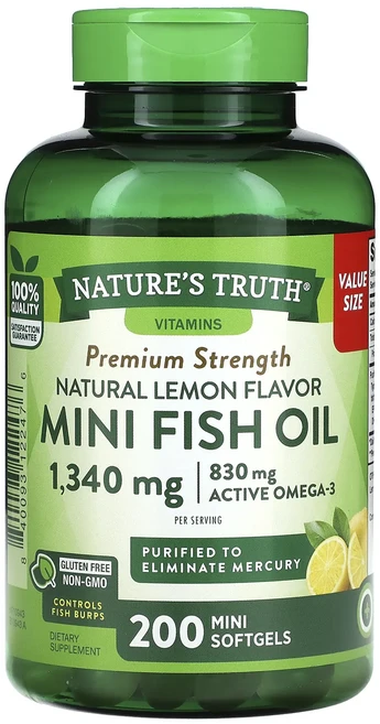 새해 첫좋은선물 Nature's Truth 미니 피쉬 오일 프리미엄 강도 천연 레몬 맛 미니 소프트젤 200정(소프트젤 1정당 670mg) 제대로 할인합니다, NaturesTruth미니피쉬오일프리미엄강도천연레몬맛미, 1개, 200정 - 쿠팡