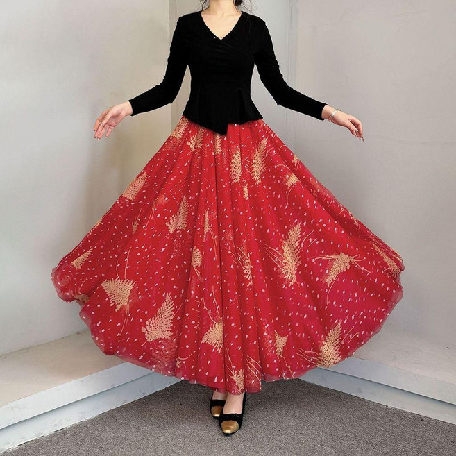 印花網紗半身裙