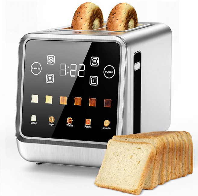 toaster 베이글 및 장인 빵용 4 슬라이스 롱 슬롯 메모리 기능 싱글 모드가 있는 디지털 스마트 터치 스크린 6가지 토스트 설정 5가지 빵 유형 해동 재가열 스테인리스 스틸, 2 Slots 2 Slice, Stainless Steel