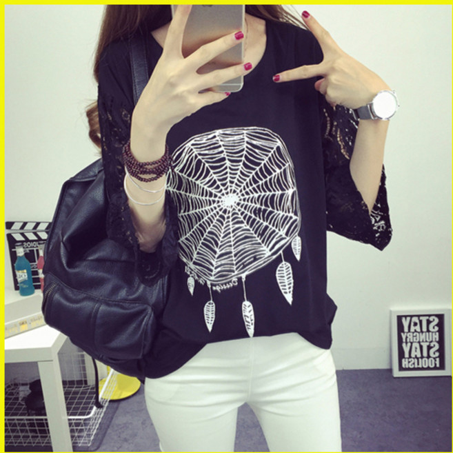 vaviola 바비올라 거미줄 레이스 프린트 티셔츠 여름 긴팔