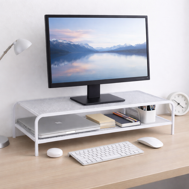 우라피크 책상 공간정리 2단 수납형 모니터 받침대, 화이트