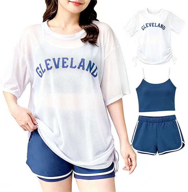 Modern Fashion 빅사이즈 체형커버 3종 세트 수영복 반바지 비치 워터파크, XL 62-65kg, 블루 화이트