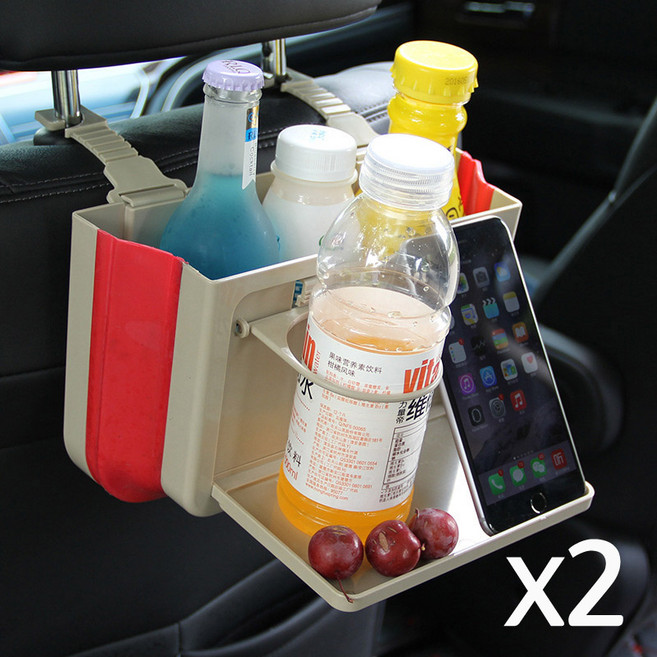 하나 더 차량용 헤드레스트 뒷좌석 멀티 수납함 폴딩 선반 컵홀더 거치대, 베이지+베이지, 1개