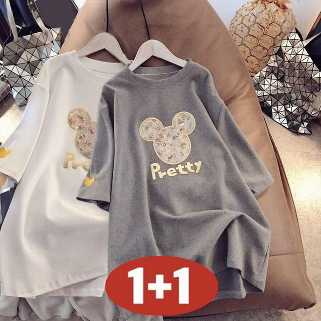 오스틱니 100kg까지 빅사이즈 1+1 날씬해보이는 편한 프린트 반팔 티셔츠 특가상품 여성 여름 라운드 무지 루즈핏 미디티 면티 박스티 귀여운 패션 롱티 반팔티티 세트