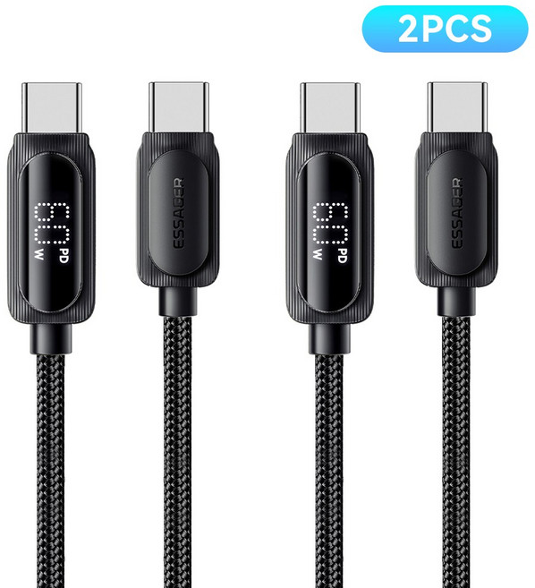 Essager 디스플레이 E-Marker칩셋 PD 100W C타입 초고속충전 케이블, 60W, 2개, 2m, 블랙