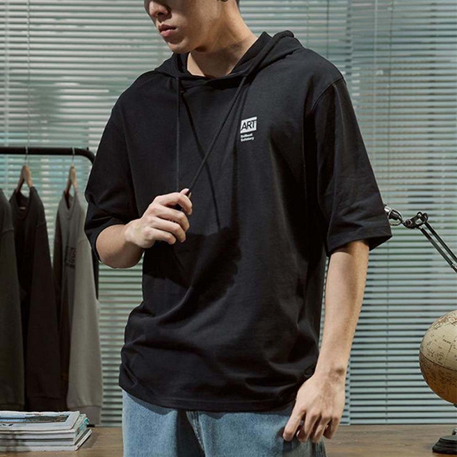 TKX 남성용 후드 반팔 티셔츠 캐주얼 루즈핏 심플 디자인 데일리 통기성 여름 상의