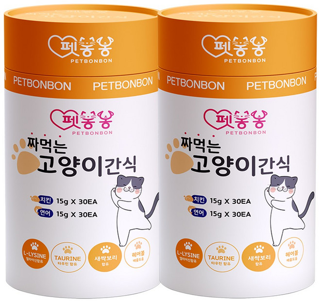 펫봉봉 NEW 짜먹는 고양이 간식 습식 고양이 스틱 대용량 60P, 2개, 900g, 연어(30)+치킨(30)