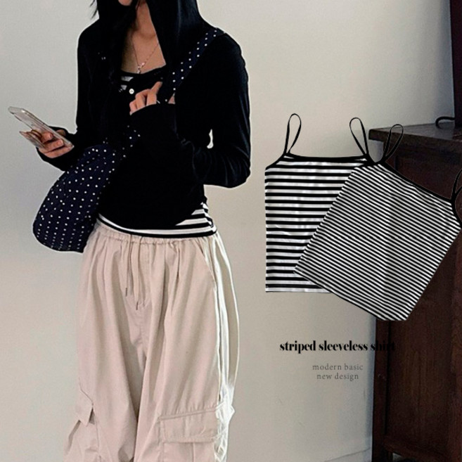 [2장SET]4계절템 레이어드 단가라 민소매 나시 (2장세트)스트라이프스퀘어넥나시CT