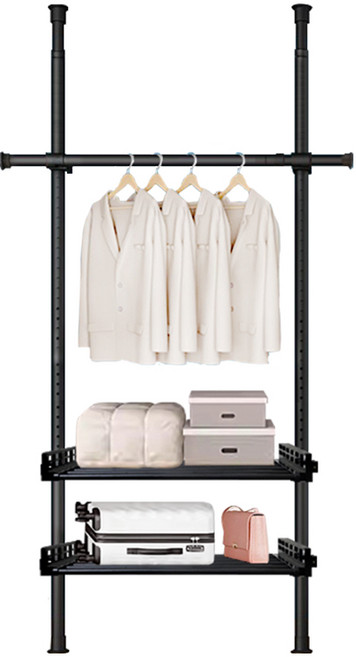 棒棒家居 38mm特粗管頂天立地衣架 (3豎4橫 附撐衣桿), 黑色 (2豎1橫+伸縮層架x2), 黑色