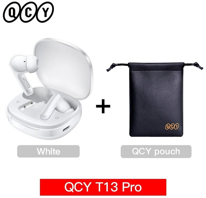 QCY T13 Pro 무선 이어폰 블루투스 ANC 노이즈캔슬링, 흰색 파우치 포함