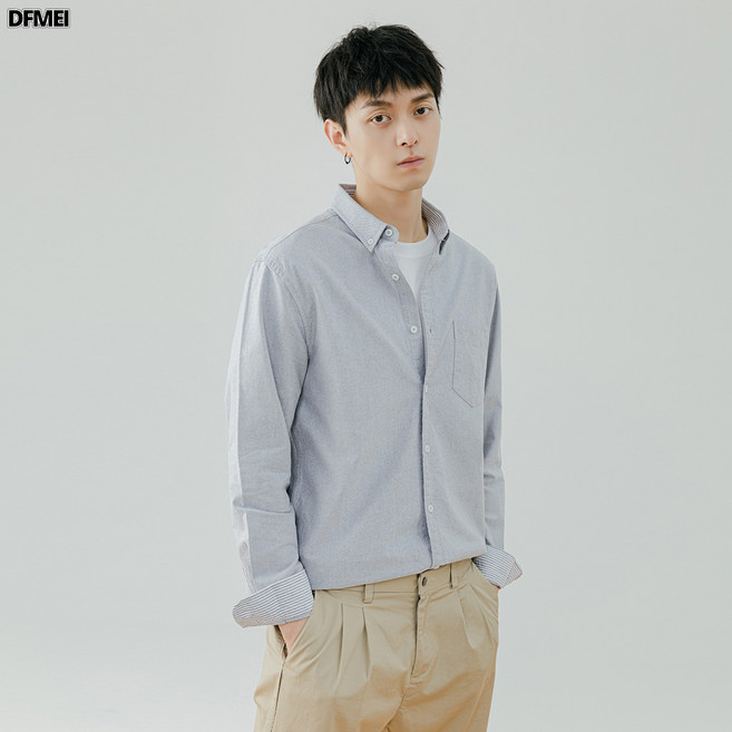 DFMEI 牛津紡長袖休閒襯衫男2024秋季新款商務休閒上衣時尚簡約白色襯衣