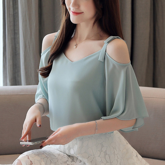 아이엠몽 여성 쉬폰 하늘하늘 오프숄더 트임 여름 편안한 무지 블라우스