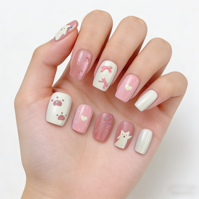 [당일배송] 천안각 핑크 러블리 고양이 캐릭터 디자인 셀프 붙이는 인조손톱팁 셀프붙이는네일팁, 1개, 02 - T720 S