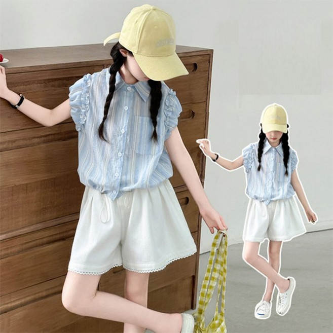 키즈목마 여름 여아 프릴 반팔 셔츠 반바지 세트 주니어 초등 여아 시원소재 카라넥 티셔츠 상하복 668