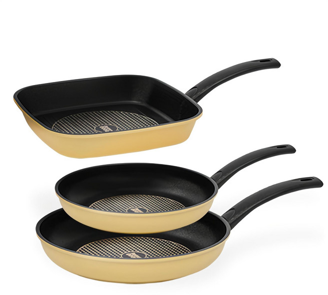 인터쿡 다이아 후라이팬 세트 3개, 옐로우, 사각팬 27cm + 후라이팬 28cm + 후라이팬 24cm, 1세트