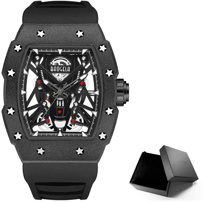 스포티 캐주얼 남성용 시계 스테인리스 스틸 톤노 케이스 홀로우 아웃 다이얼 발광 기능 패션 실리콘 스트, 03 Black-Box