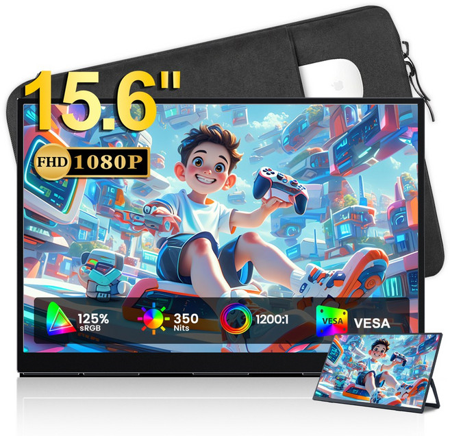 에비크 15.6인치 FHD DEX 휴대용 초경량 포터블 모니터 IPS HDR, 39.62cm, 블랙+파우치