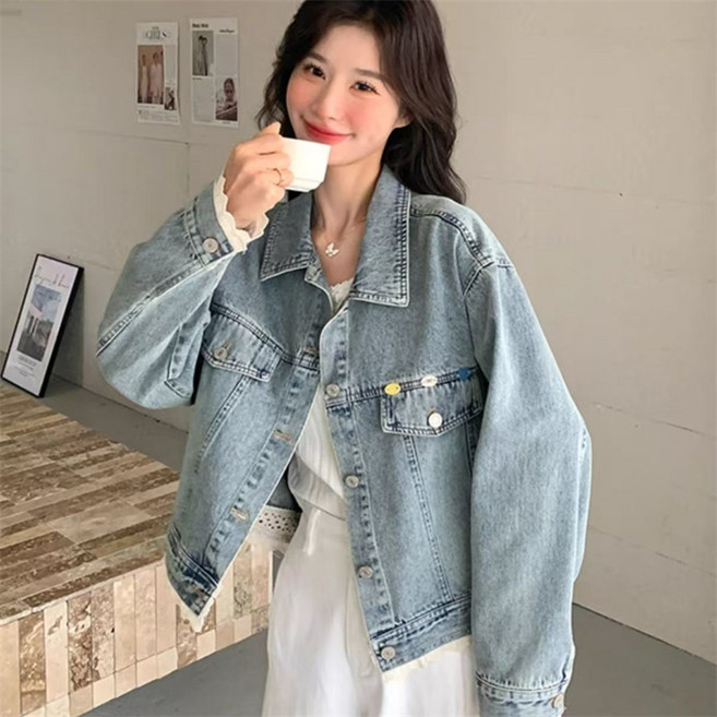 AOKADA 여성 봄 가을 레이스 청자켓 데님 점퍼 아우터