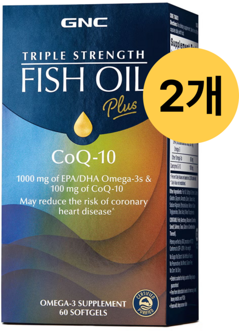 지엔씨 GNC 트리플 스트렝스 피쉬오일 플러스 코큐텐 60 소프트젤, 30회분, 2개