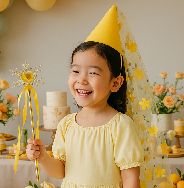 [라라빈파티] 할로윈 베일고깔 요술봉 요정 세트 생일 머리띠 축하 파티 꽃 베일 꼬깔 모자 면사포고깔 인생네컷용품 마녀 요정 어린이집 소품, 요정세트 -노랑