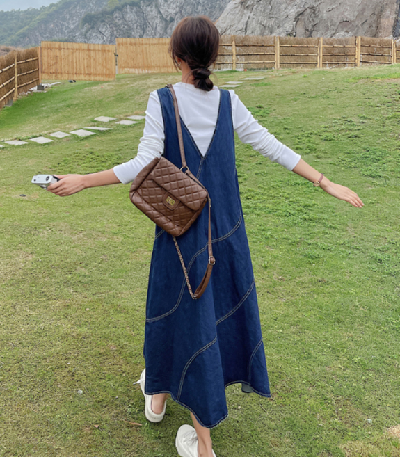 줄리엣마마 여성 캐주얼 스티치 오버롤 데님 부드러운청 멜빵 롱 원피스 뒷태 이쁨 마마050