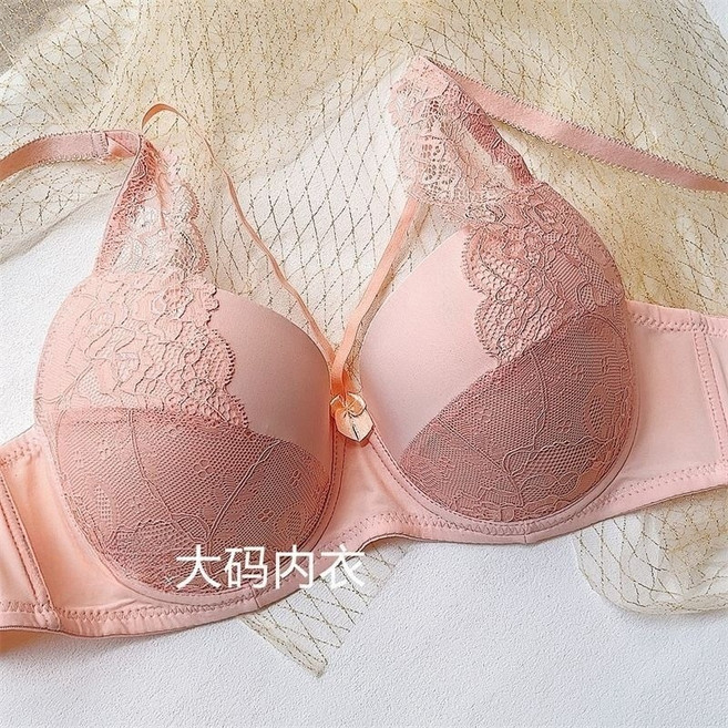 成套內衣褲 交叉細帶美胸內衣 薄款大胸顯小 大碼內衣褲成套, 蝦粉【軟鋼圈】,38/85BC【罩杯稍小】